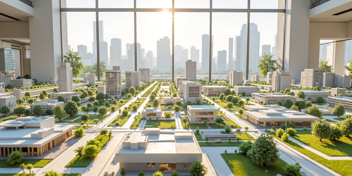 新乡市标志性建筑全景，高楼林立，城市天际线，蓝天白云背景，现代化都市风貌