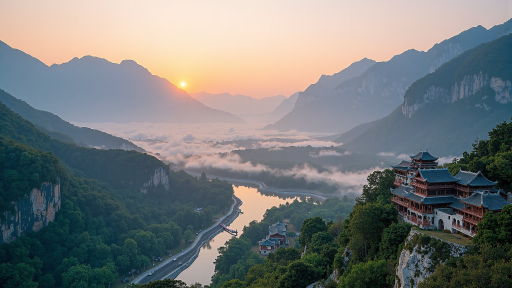 新乡万仙山风景区，石阶山路蜿蜒，两侧绿树成荫，远山云雾缭绕