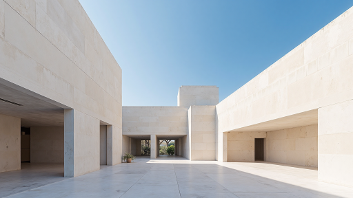 新乡平原博物馆外景，现代建筑风格，几何造型，蓝天白云背景