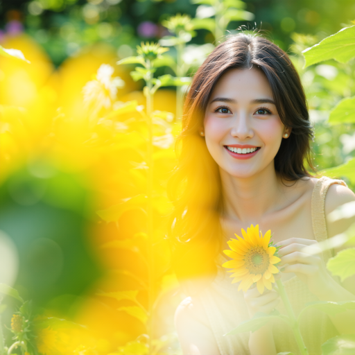 二十八岁左右女性头像，穿黄色连衣裙，花园背景